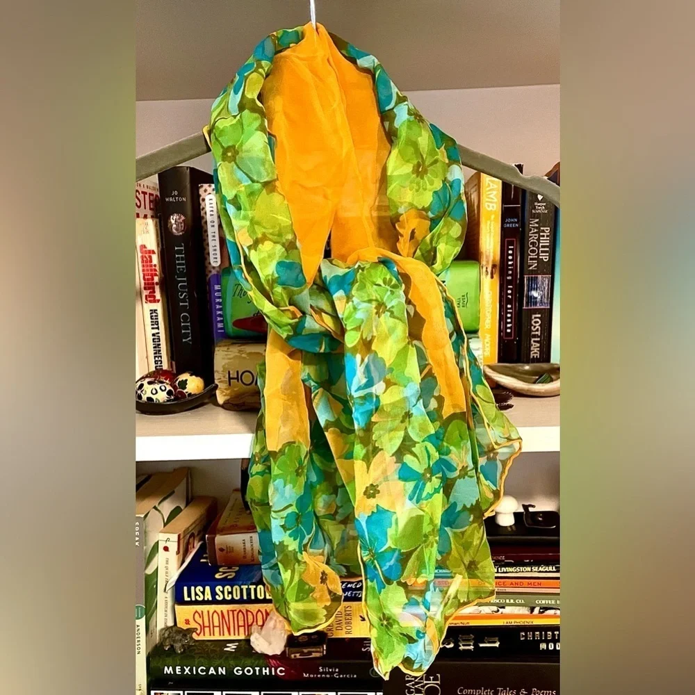 Glentex 100% Silk Vintage Scarf Hand Rolled Japan Floral Green Blue Orange Large